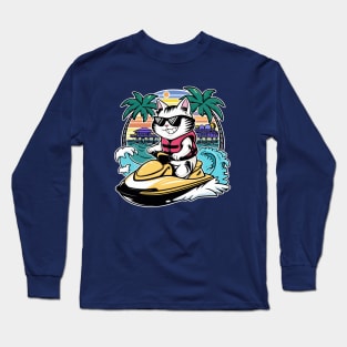 Cute Cat Jet Skiing Summer Funny Gift Long Sleeve T-Shirt